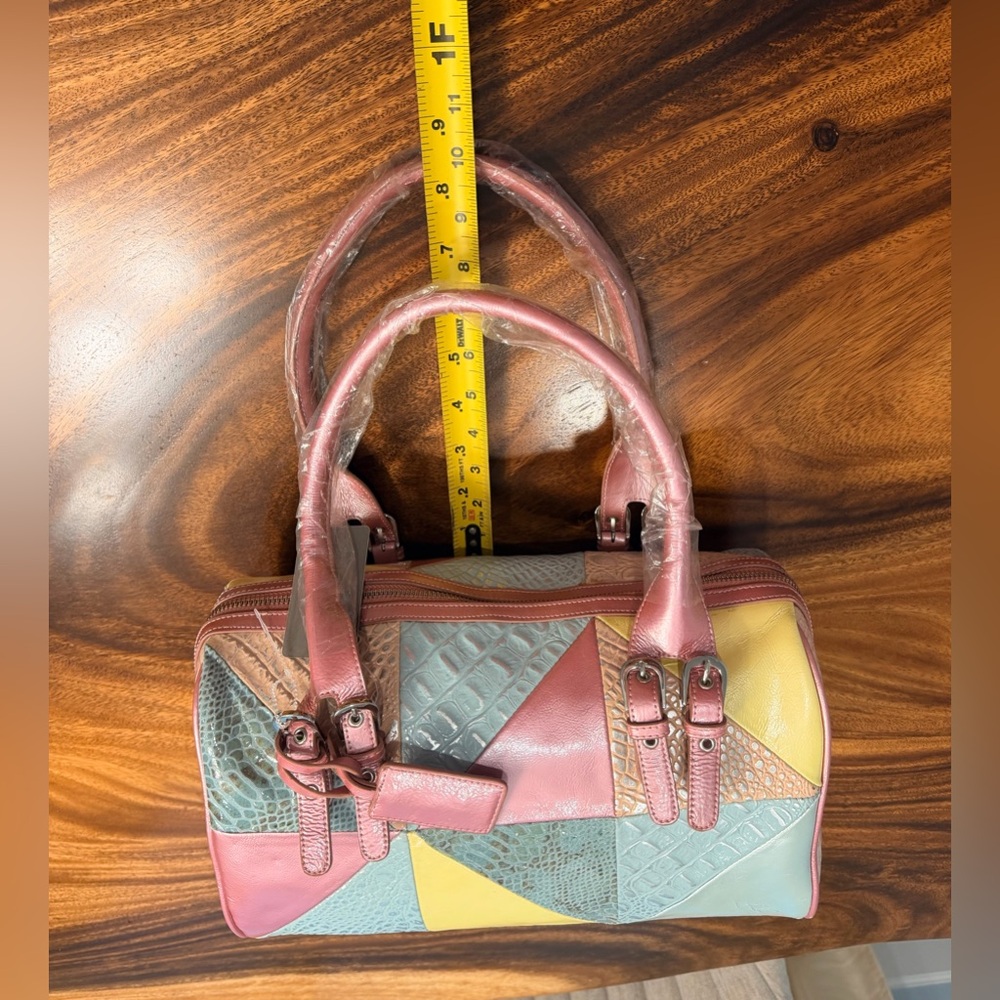 Sharif Multicolor Patchwork Leather Satchel - Coral, Yellow, Beige - Picture 12 of 16
